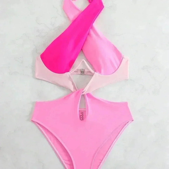 Pink Sexy Women's Beach Colorblock Cut-Out Halter One Piece Swimsuit - Picture 3 of 7